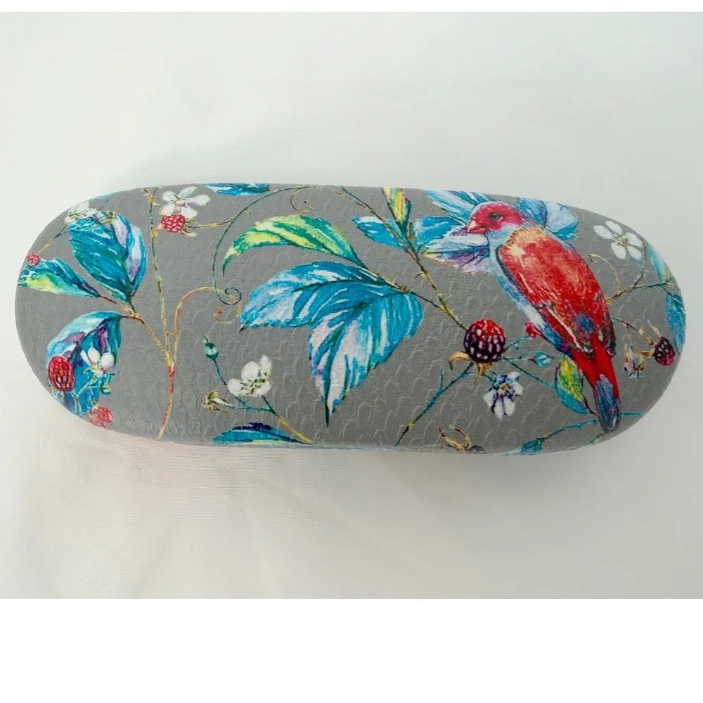 Floral‎ Bird Print Hard Shell Eyeglass Case Grey Botanical Nature Preppy 103-113